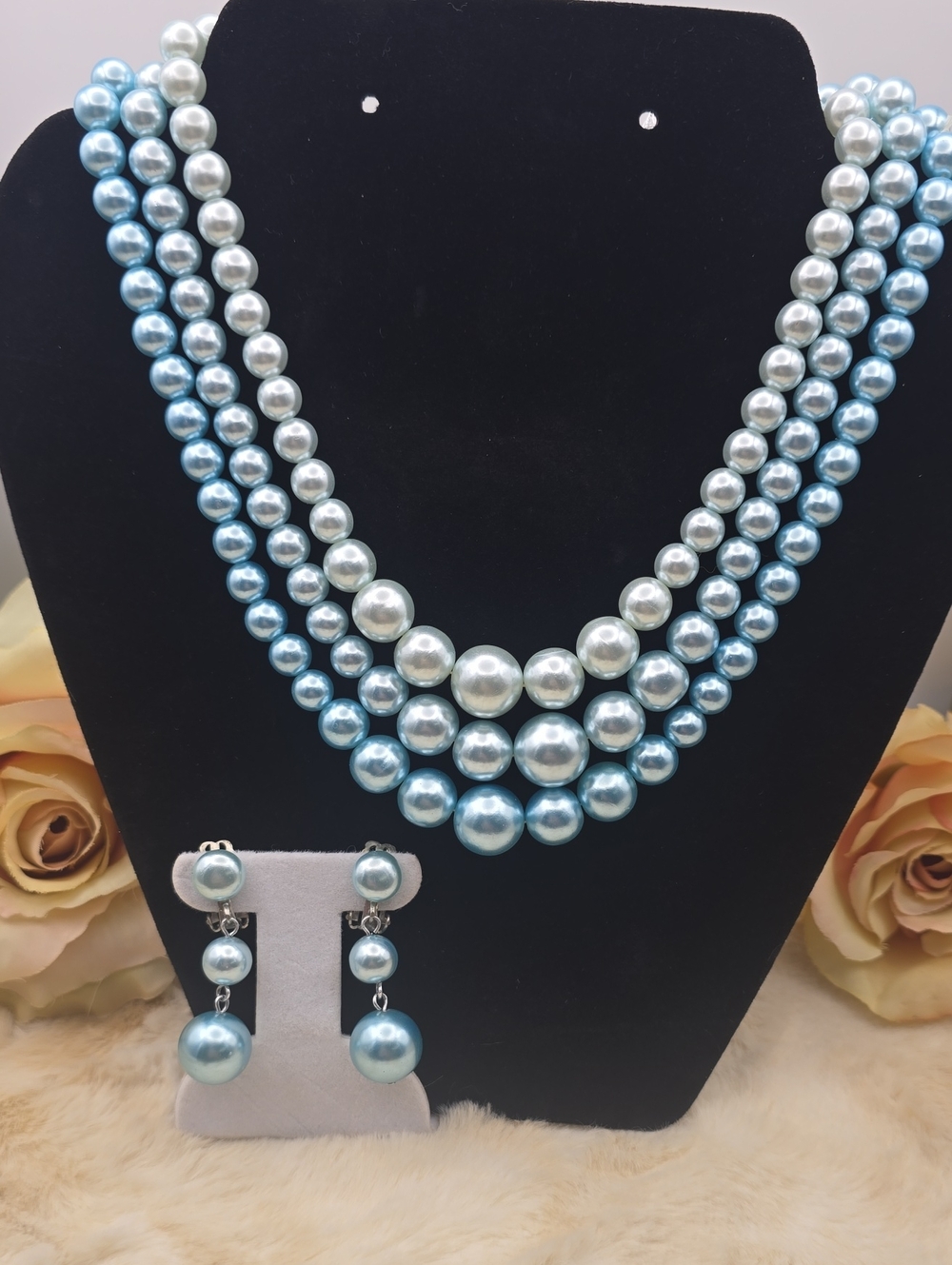 VTG 1950s Japan 3 Strand Graduated Blue Faux Pearl Necklace Earring Set Parure